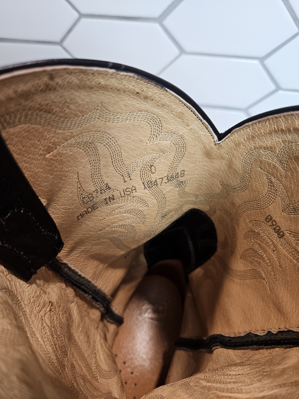 Tony Lama Black Ostrich Cowboy Boots with Embroidered Shaft - Picture 6 of 11